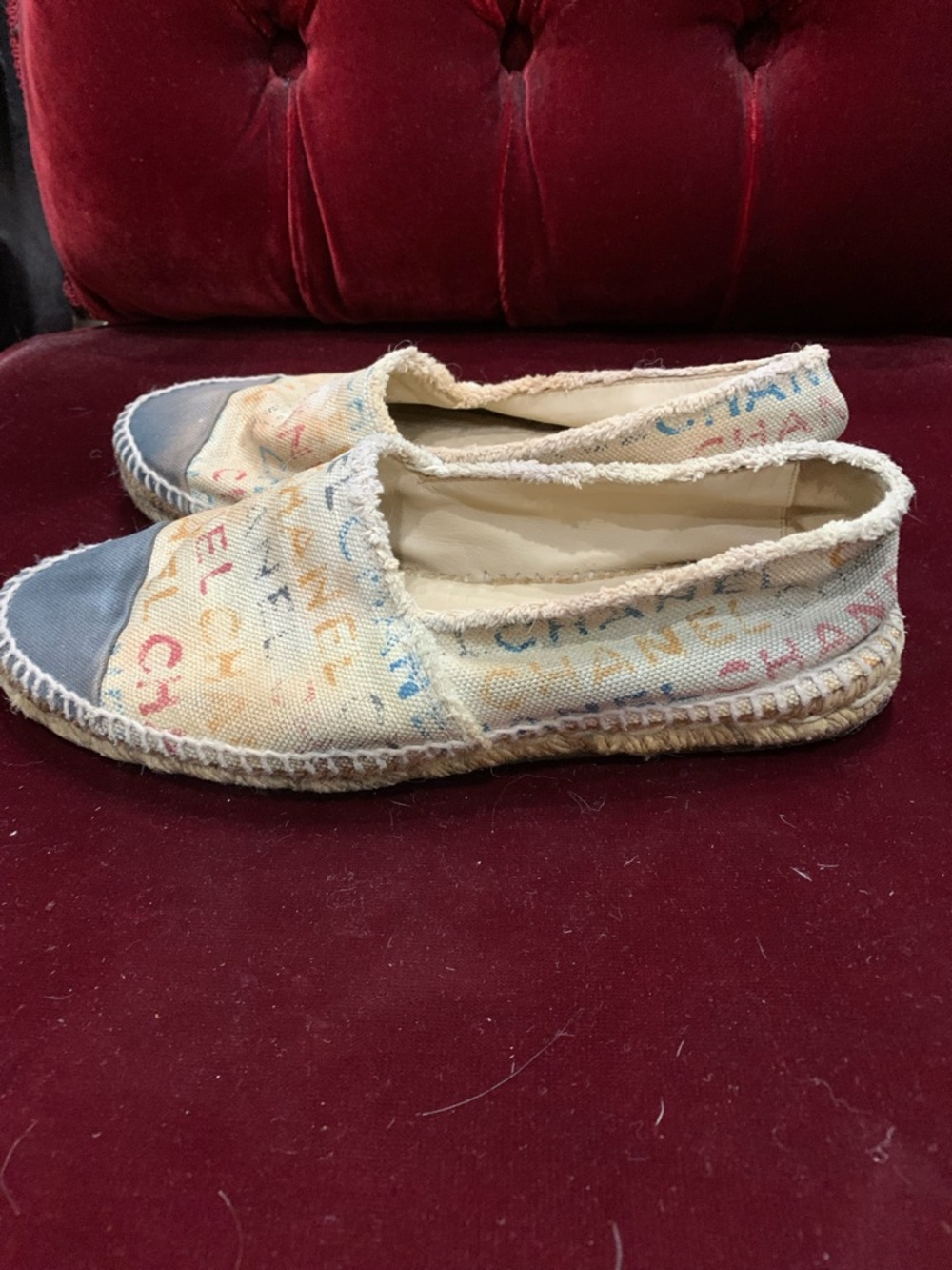 CHANEL Multicolor Logo Canvas Espadrilles with Black Toe Caps - Picture 4 of 11